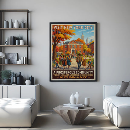 New York City poster with "Visit New York City" and "Autumn in NYC" text.