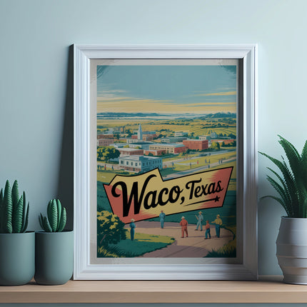 Vintage Waco, Texas travel poster with people and cityscape.