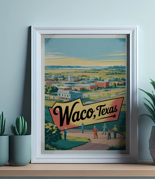 Vintage Waco, Texas travel poster with people and cityscape.