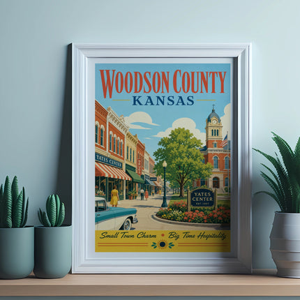 Vintage travel poster for Woodson County, Kansas, featuring Yates Center.