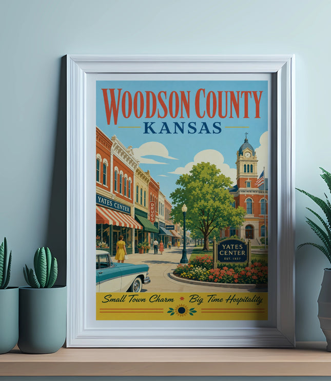 Vintage travel poster for Woodson County, Kansas, featuring Yates Center.