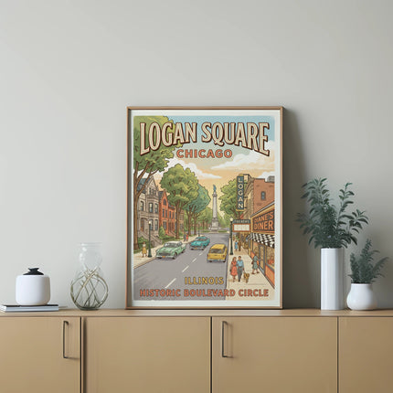Poster art of Logan Square, Chicago, Illinois historic boulevard circle with vintage cars.