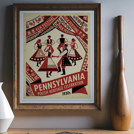 Folk festival poster for Polish Heritage Celebration with dancing figures and "Pennsylvania 1930s".