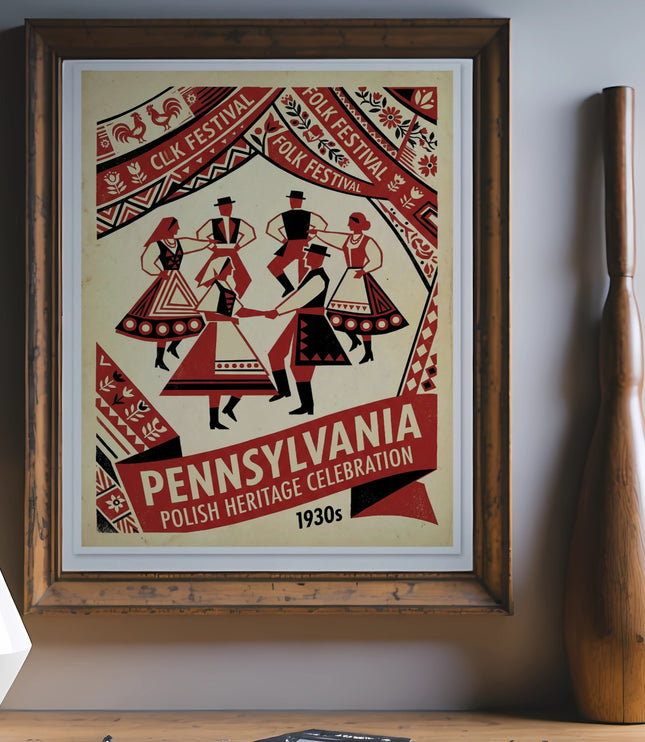 Folk festival poster for Polish Heritage Celebration with dancing figures and "Pennsylvania 1930s".