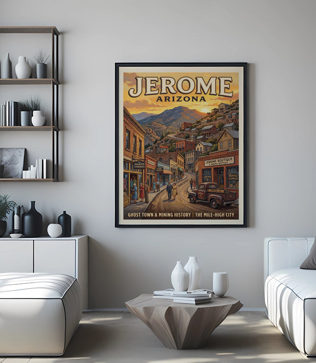 Jerome Arizona vintage travel poster featuring a ghost town scene with classic truck.