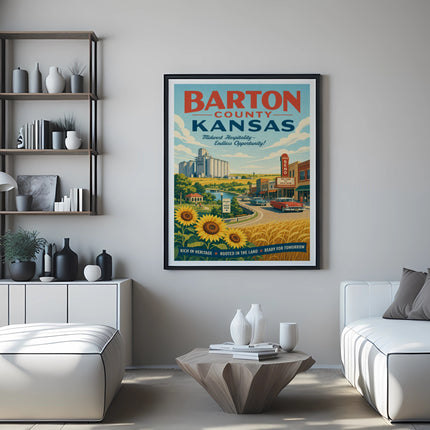 Barton County, Kansas poster with "Midwest Hospitality Endless Opportunity!" text.