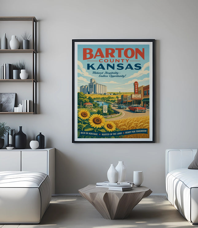Barton County, Kansas poster with "Midwest Hospitality Endless Opportunity!" text.