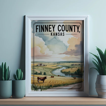 Framed artwork depicting Finney County, Kansas landscape with cows and river.