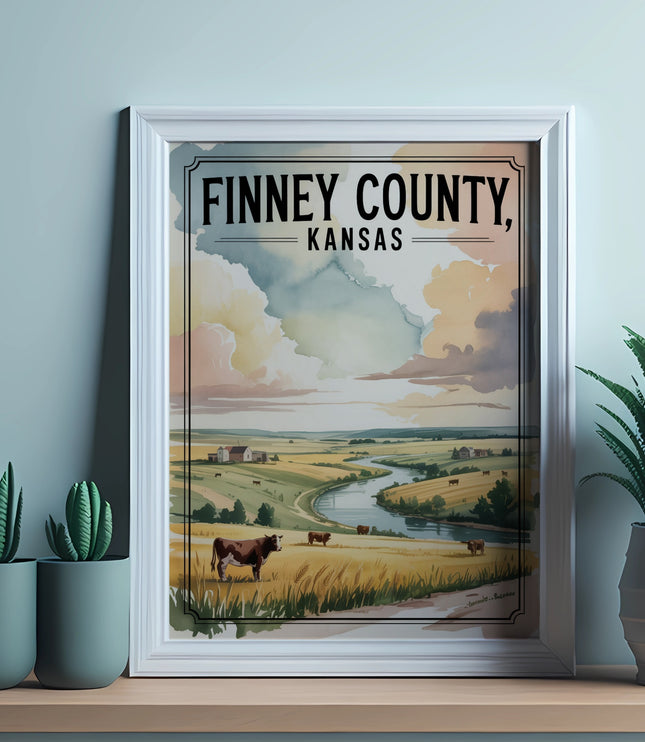 Framed artwork depicting Finney County, Kansas landscape with cows and river.