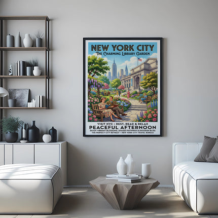 New York City, The Charming Library Garden poster with people reading.