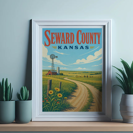 Seward County Kansas vintage travel poster with a farm scene and windmill.