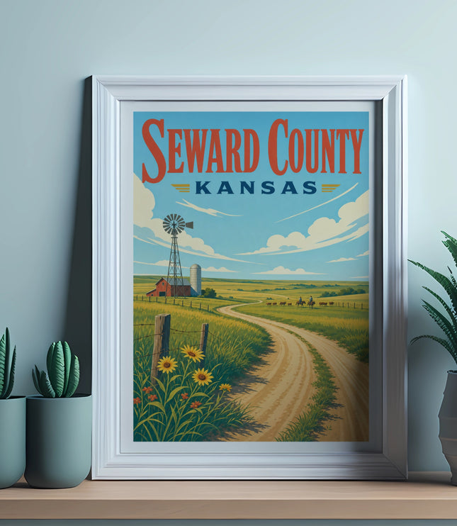 Seward County Kansas vintage travel poster with a farm scene and windmill.