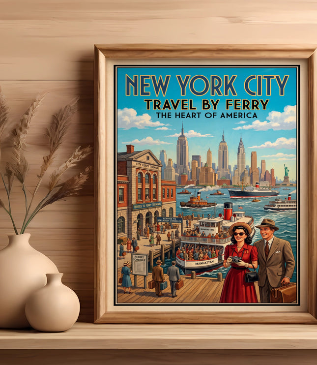 New York City travel poster featuring a couple at a ferry terminal with skyline background.