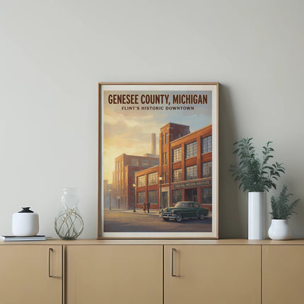 "Genesee County, Michigan" and "Flint's Historic Downtown" text on poster art.
