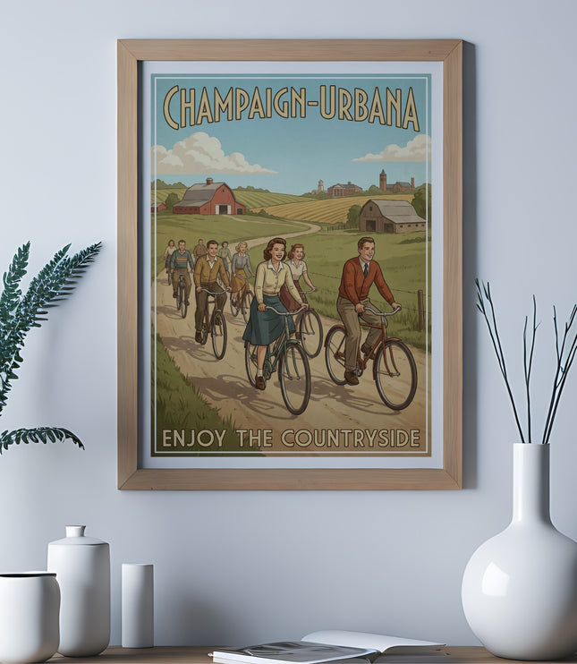 Champaign-Urbana poster with people cycling through a countryside with farms and buildings.