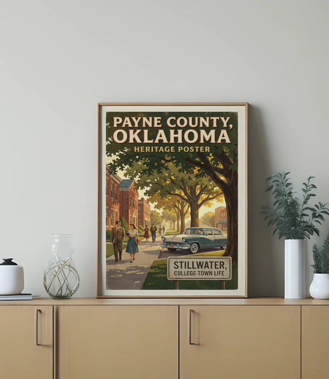 Vintage poster of Payne County, Oklahoma featuring Stillwater street scene with classic car.