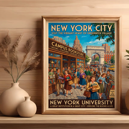 New York City vintage travel poster for NYU Campus Bookstore, Greenwich Village.