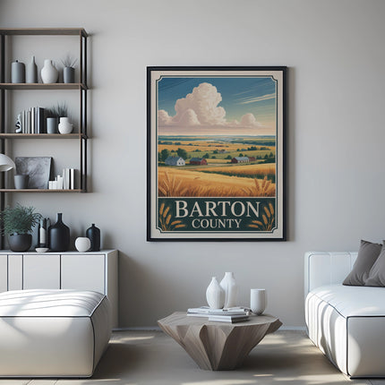Vintage Barton County travel poster with wheat stalks and fields.