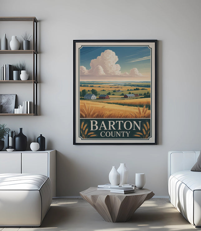 Vintage Barton County travel poster with wheat stalks and fields.