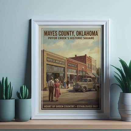 Mayes County, Oklahoma Pryor Creek's Historic Square poster with retro scene.