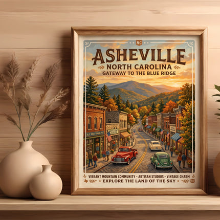 Asheville North Carolina gateway to the Blue Ridge vintage travel poster.