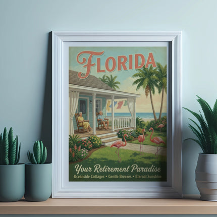 Framed vintage Florida travel poster with flamingos and beach cottage.
