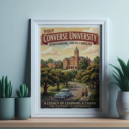 Converse University vintage travel poster with text: "Visit Converse University, Spartanburg, South Carolina".