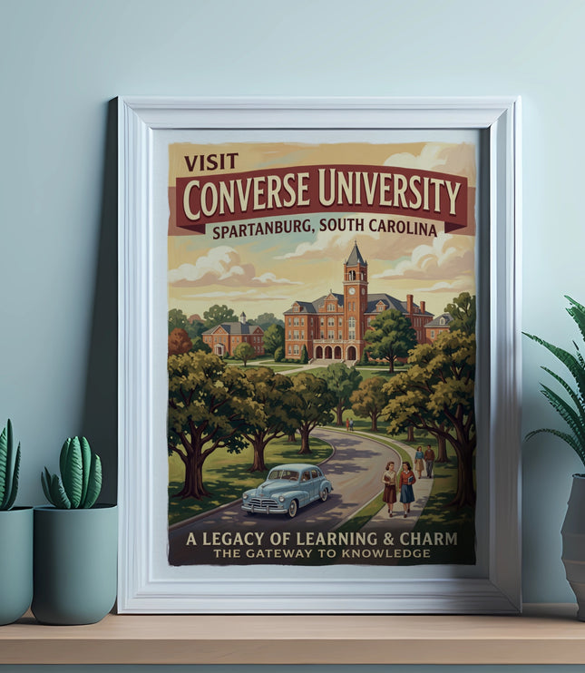 Converse University vintage travel poster with text: "Visit Converse University, Spartanburg, South Carolina".