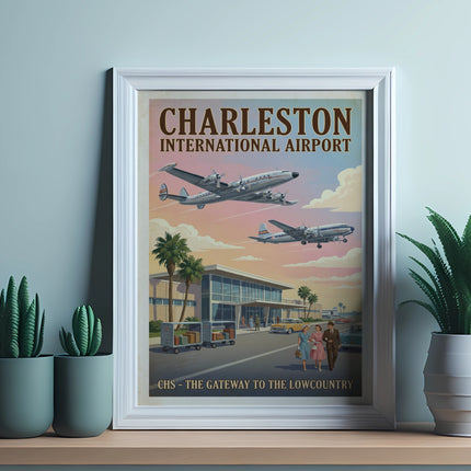 Charleston International Airport vintage poster with airplanes, terminal, and people.