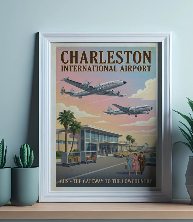 Charleston International Airport vintage poster with airplanes, terminal, and people.