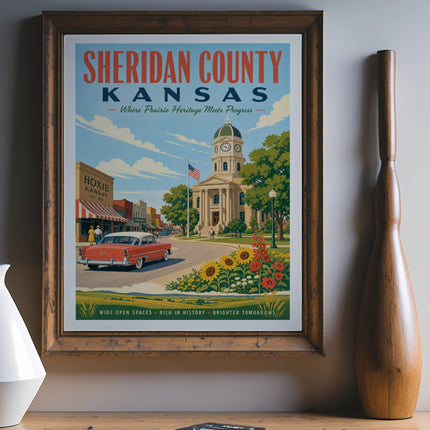 Sheridan County, Kansas vintage travel poster with courthouse, car, and sunflowers.