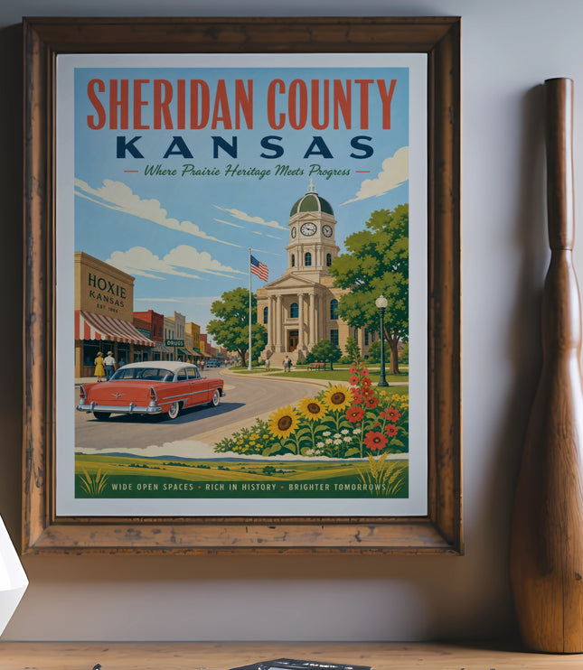 Sheridan County, Kansas vintage travel poster with courthouse, car, and sunflowers.