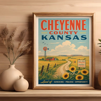 Vintage Cheyenne County, Kansas travel poster with sunflowers and windmill.