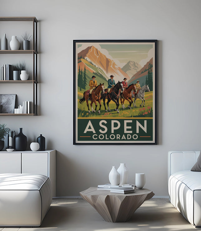 Poster of riders on horseback in a mountain landscape, text "ASPEN COLORADO".