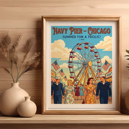 Vintage Navy Pier Chicago poster depicting a Ferris wheel and people in 1945 attire.