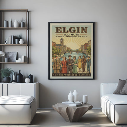 Vintage travel poster for Elgin, Illinois, depicting people by a river.