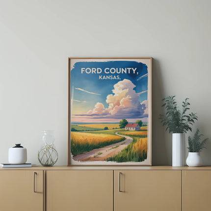 Ford County, Kansas poster with rural landscape art.