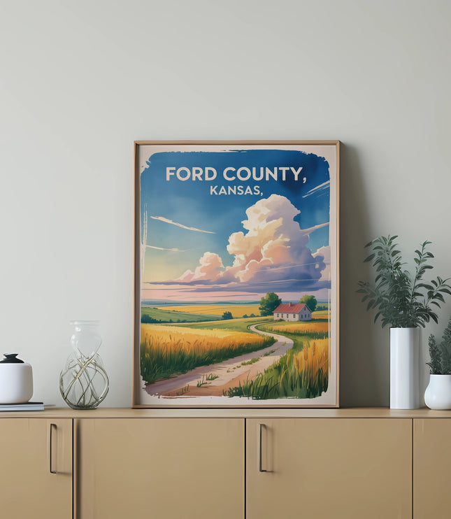 Ford County, Kansas poster with rural landscape art.
