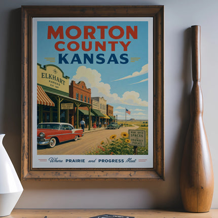 Morton County, Kansas vintage travel poster with Elkhart buildings and a red car.
