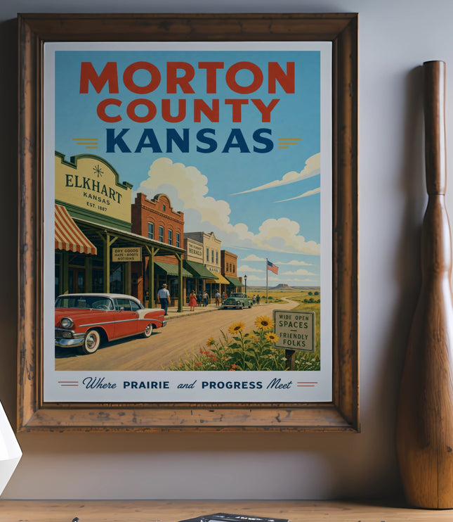 Morton County, Kansas vintage travel poster with Elkhart buildings and a red car.