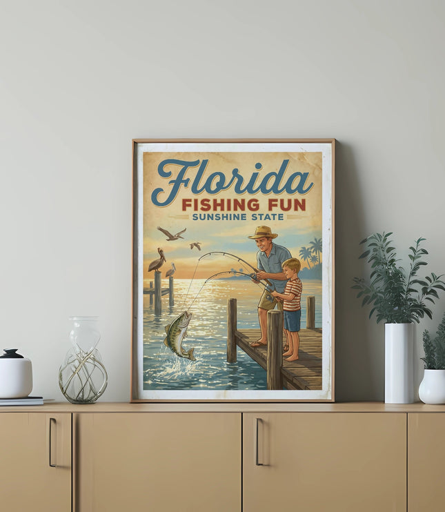 Florida Fishing Fun Sunshine State vintage poster with father and son fishing.