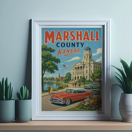 Vintage poster of Marshall County Kansas featuring a classic car and courthouse.