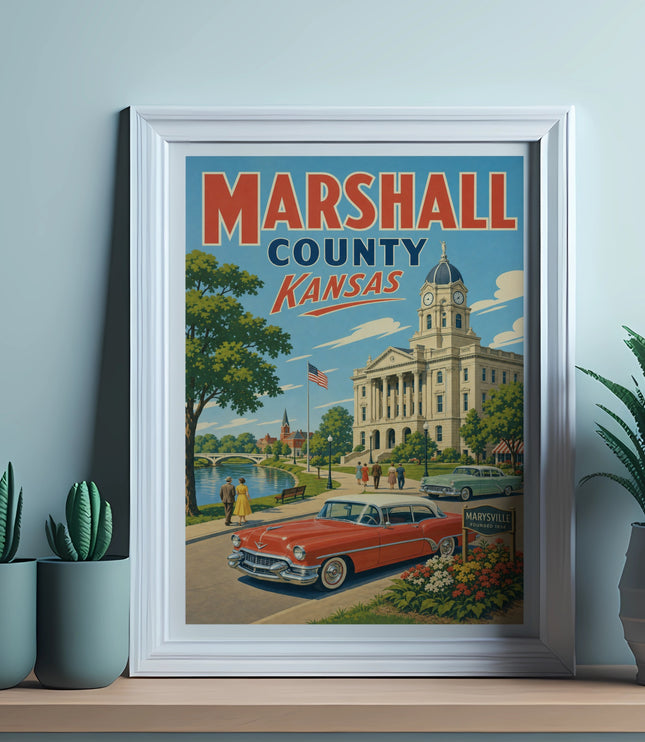 Vintage poster of Marshall County Kansas featuring a classic car and courthouse.