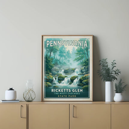 Framed vintage travel poster for Pennsylvania's Rickett's Glen State Park.