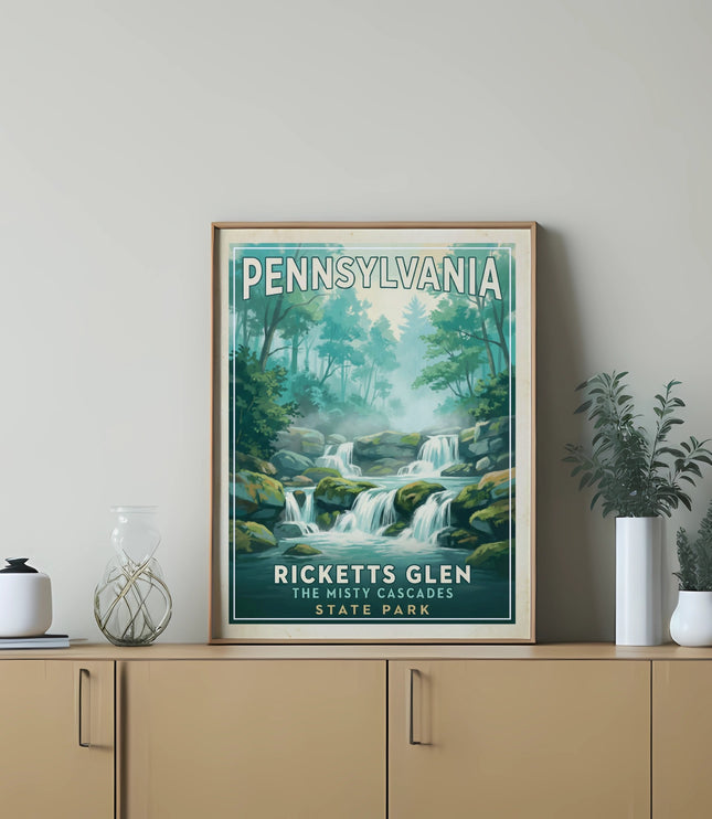 Framed vintage travel poster for Pennsylvania's Rickett's Glen State Park.