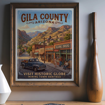 Gila County Arizona poster featuring historic Globe mining town with old truck.