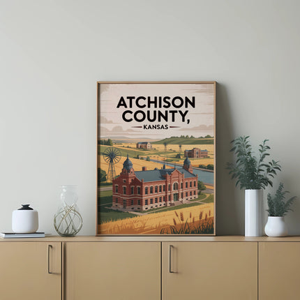 Atchison County, Kansas, illustration featuring a historic building and windmill.