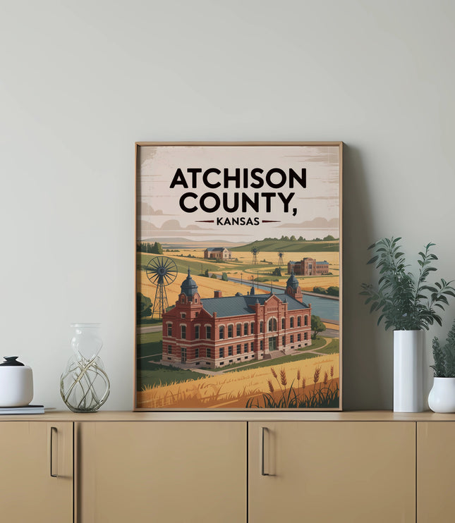 Atchison County, Kansas, illustration featuring a historic building and windmill.