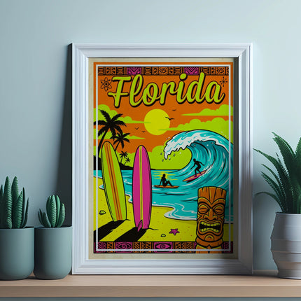 Florida surf poster with tiki, palm trees, and crashing wave.