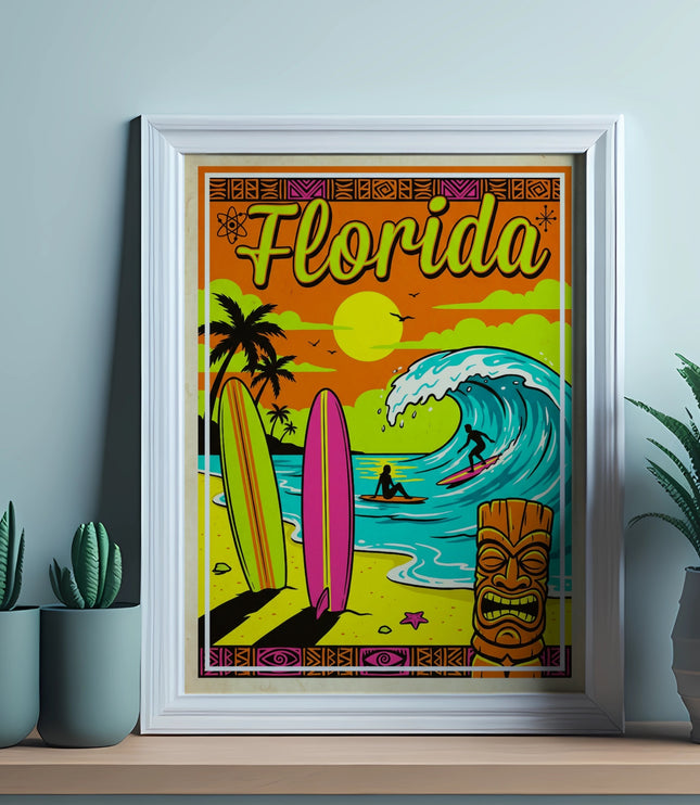 Florida surf poster with tiki, palm trees, and crashing wave.